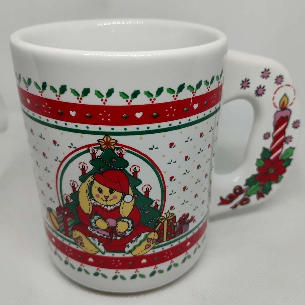 Vintage Enesco Christmas Rabbit Coffee Tea Hot Cocoa Mug Cup 1980s Tree Presents